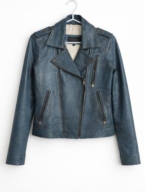 ​LeatherCult Blue Distressed Leather Biker Jacket Asymmetrical Moto Punk Rock